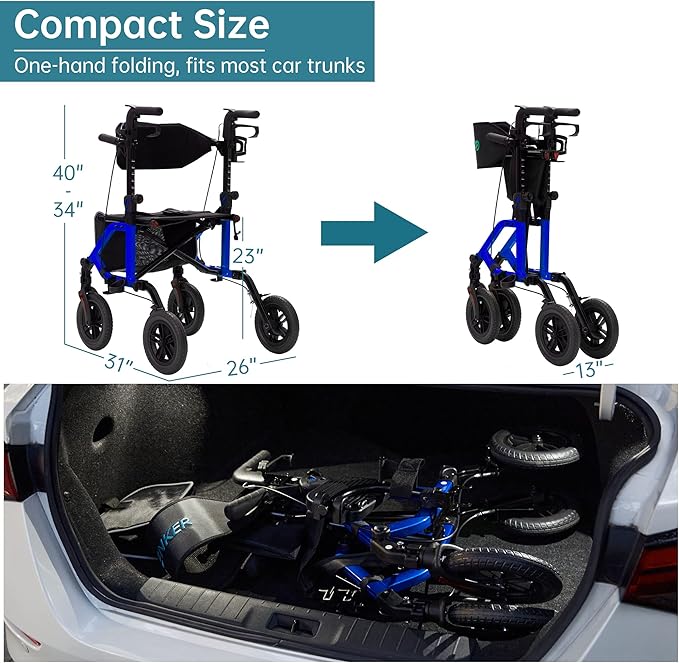 ELENKER All-Terrain 2 in 1 Rollator Walker & Transport Chair, Folding Wheelchair with 10” Non-Pneumatic Wheels for Seniors, Reversible Backrest & Detachable Footrests, Blue