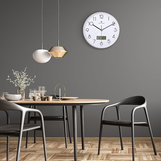 Lafocuse 12 Inch Silent Analog Wall Clock with LCD Display for Perpetual Calendar and Temperature, Digital Silver Wall Clocks with Date and Day Battery Operated Clock for Living Room Bedroom Office