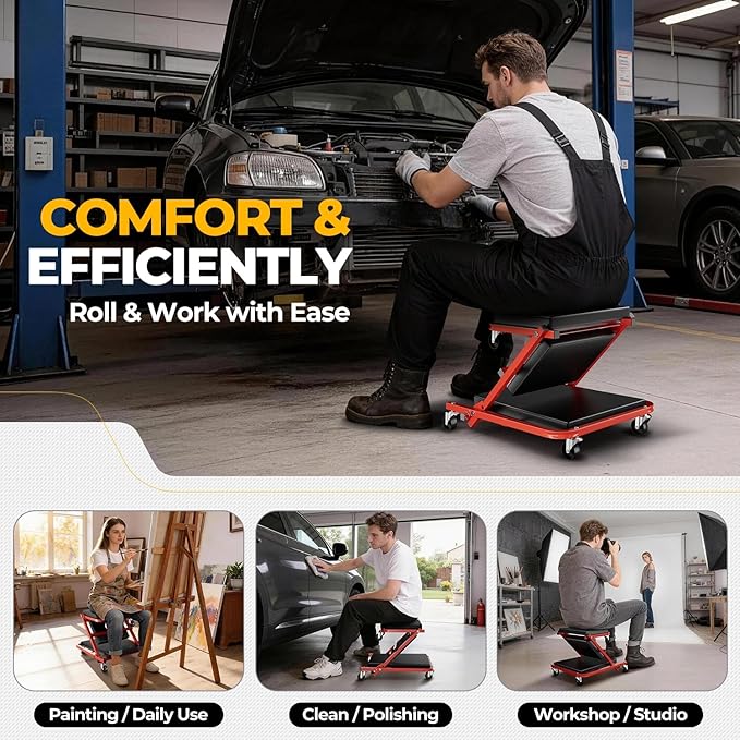 Auto Dynasty 36" Z-Creeper Seat, 2-in-1 Foldable Garage Creeper Shop Seat, 330 LBS Capacity Automotive Mechanic Repair Under Car Rolling Creeper Seat, Red