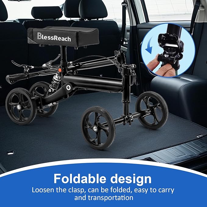 BlessReach Knee Scooter Steerable Knee Walker Deluxe Medical Scooter for Foot Injuries Adult Compact Crutches,Supports Up to 300 lbs（Black）