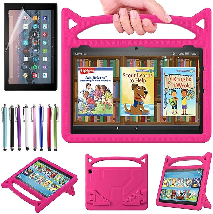 Case for Amazon Fire HD 10 Tablet 10.1" Inch Display (13th Generation, 2023 Released) - Lightweight Shockproof Kickstand Handle Kids Cover Case + 1 Screen Protector and 1 Stylus (Pink)