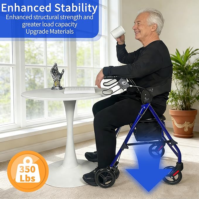 Rollator Walkers for Seniors with Seat, Foldable & One-Hand Carry, Upgraded Rolling Walker with Seat for Seniors, Handles Height Adjustable Rolling Walker for Seniors, Walking & Seated Rest, Blue