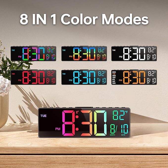 JALL 10.5'' Large Digital Alarm Clock with 8 RGB Colors, Date, Month, Temperature LED, Auto DST, Digital Clock Large Display for Classroom, Office, Bedroom, Back-to-School Gift for Students, Teachers