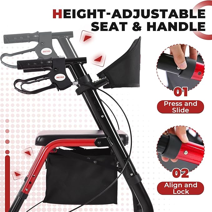 Metro Mobility Rollator Walker with Seat for Seniors, Foldable Lightweight Rolling Walker, 8" Big Wheels for All Terrain, 300 lb. Weight Capacity, Red