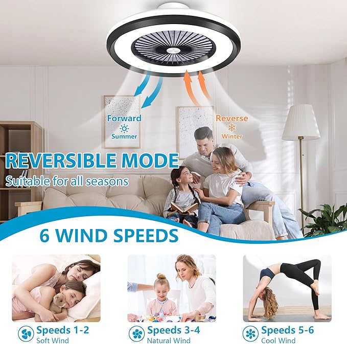 24" Bladeless Ceiling Fans with Lights and Remote/APP/Voice Control, Low Profile Ceiling Fan with RGB Lights, Smart Flush Mount Ceiling for 6 Speeds Timing Reversible