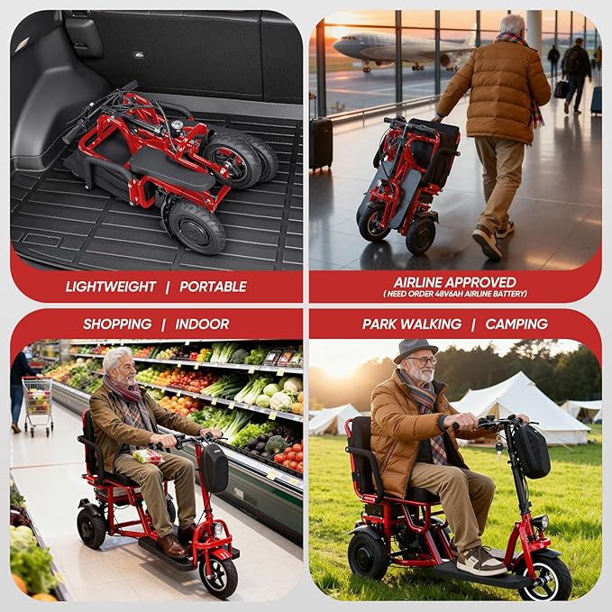 3 Wheel Mobility Scooters for Seniors Foldable Travel Scooter Airline Approved Folding Handicap Scooters for Adults Lightweight Collapsible Electric Mobility Scooter Adults 300 lbs