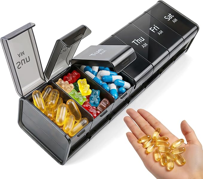 Betife Extra Large Pill Organizer 2 Times a Day, XXL Pill Box 7 Day with AM PM Large Compartments, Daily Medicine Case, Jumbo Weekly Pill Holder for Fish Oils, Vitamins & Supplements（Black）