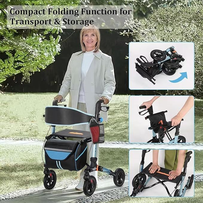 Foldable Rollator Walkers with Seat for Seniors, Lightweight All Terrain Rolling Walker with seat, Aluminum Walkers with 8 inch Rubber Wheels, Handles and Backrest (Blue)