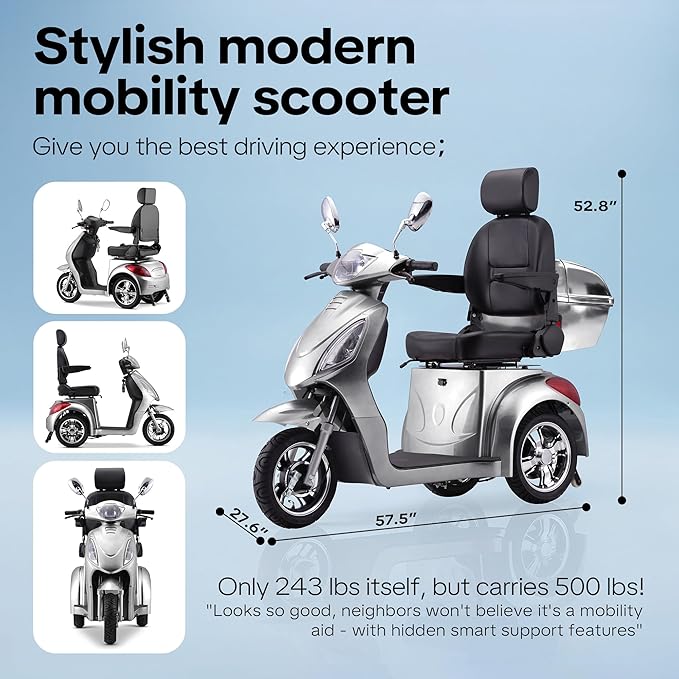 Super Large Electric 3 Wheel Mobility Scooters, 800W Wheelchair Device, 500 LBS Capacity Electric Wheelchair for Seniors & Adults, Speed Adjust, Remote Key, Receive Ready to Ride (Silver Silver)