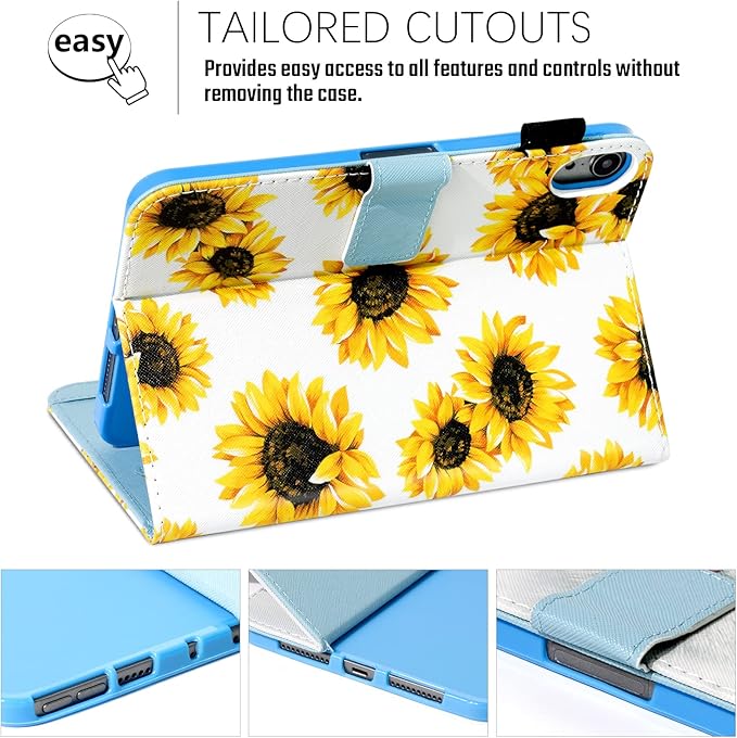 Dteck for iPad mini A17 Pro/A15 Bionic Case 8.3" 7/6th Generation 2024/2021 Release, PU Leather Protective Case with Auto Sleep Wake & Adjustable Stand, Lightweight Cute Slim Folio Cover, Sunflowers
