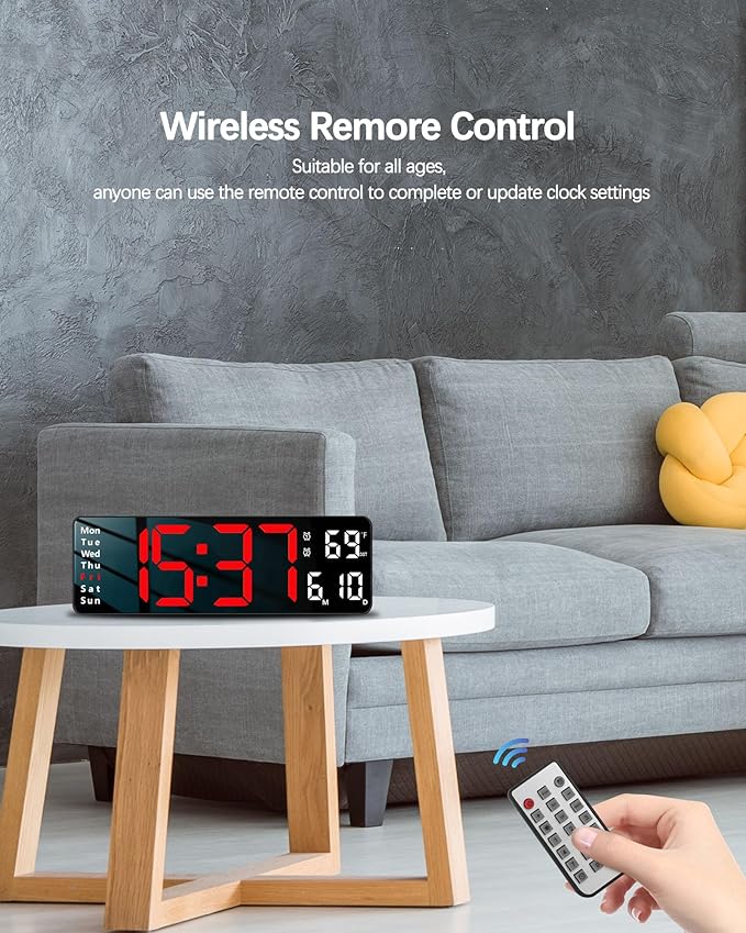 JoFomp Digital Wall Clock - 13" Large LED Display, Loud Alarm, Remote Control, DST, Auto-Dimming, Date and Day, Timer, Temperature - 12/24H Format - Ideal for Living Room, Bedroom, Kitchen