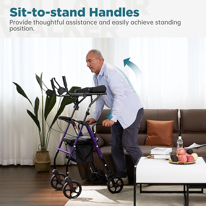 ELENKER Upright Walker, Stand Up Rollator Walker with Padded Seat and Backrest, Compact Folding, Fully Adjustment Frame for Seniors, Purple