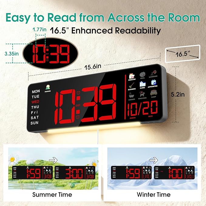 Hoifen Clock with Day and Date for Seniors, 16" Large Display Digital Calendar Dementia Wall Clock for Memory Loss with Time Periods & Task Reminders, Remote Control, Night Light, Auto Dim&DST (Red)