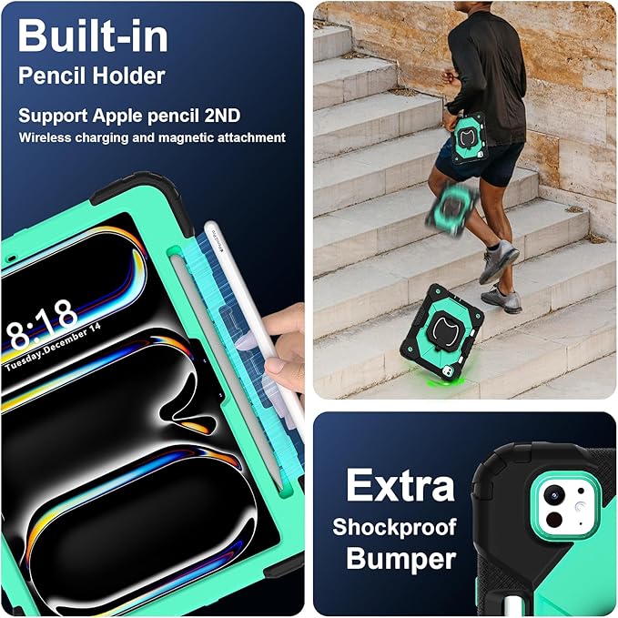 Dteck for iPad Pro 11 inch (M4/M5) 2024/2025 Release Shockproof Case with Shoulder Strap/Pencil Holder/Rotating Kickstand Handle, Heavy-Duty Sturdy Rugged Cover, Protective Tablet Shell, Black Mint
