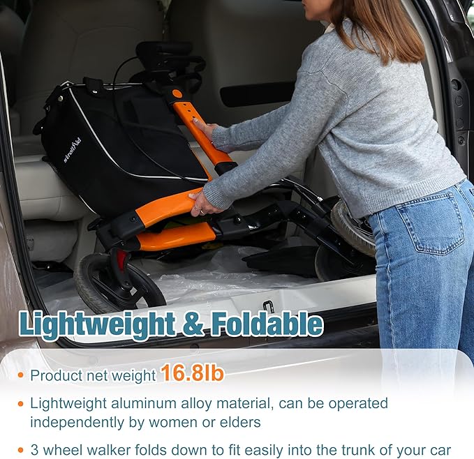 3 Wheel Walkers for Seniors, Foldable Rollator Walker with Tray & Large Storage Bag, 10" Big Wheel for All Terrain, 350 lb Weight Capacity, Orange