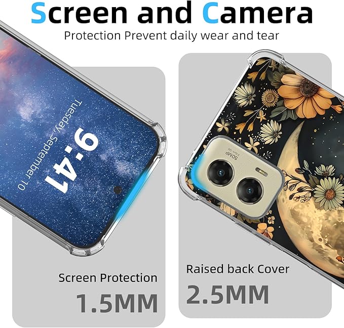 for Motorola G Stylus 5G 2024 Clear Phone Case, Lightweight Transparent TPU, Floral Moon Shockproof Four Corner Anti-Fall Case 6.7" for Moto G Stylus 5G 2024, Screen Protector Film