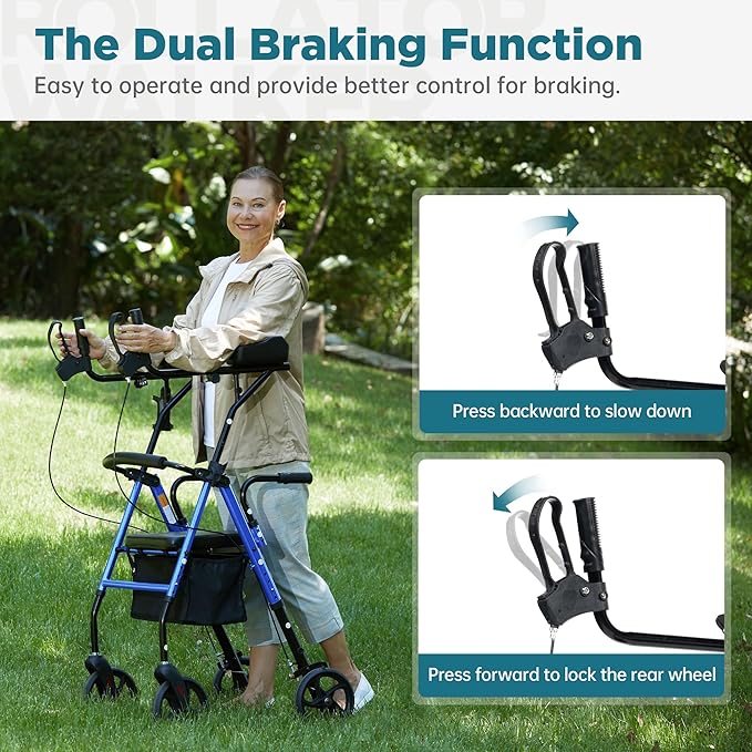 ELENKER Upright Walker, Stand Up Rollator Walker with Padded Seat and Backrest, Lightweight, Compact Folding, Fully Adjustment Frame for Seniors, Blue