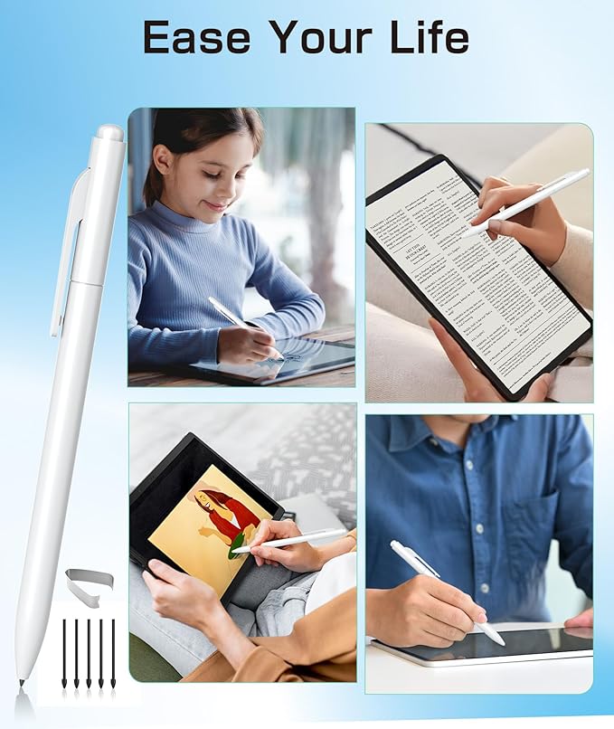 Ciscle EMR Stylus Compatible with Remarkable 2, Replacement Digital Pen with Eraser, 4096 Pressure Levels, Palm Rejection, Tilt Support (5 Pen Tips White)