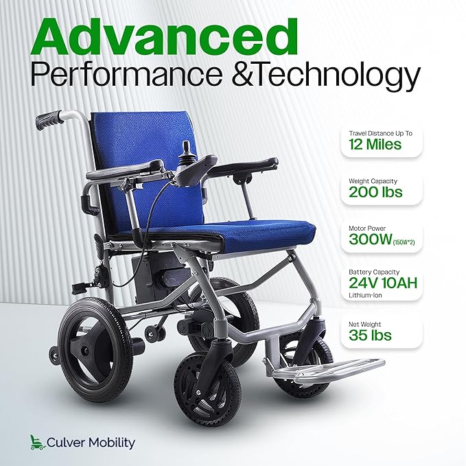 Culver Mobility Kano Foldable Electric Wheelchair, Travel Size, User-Friendly, Wheelchairs for Adults Lightweight, Folding Power Chair (Blue)