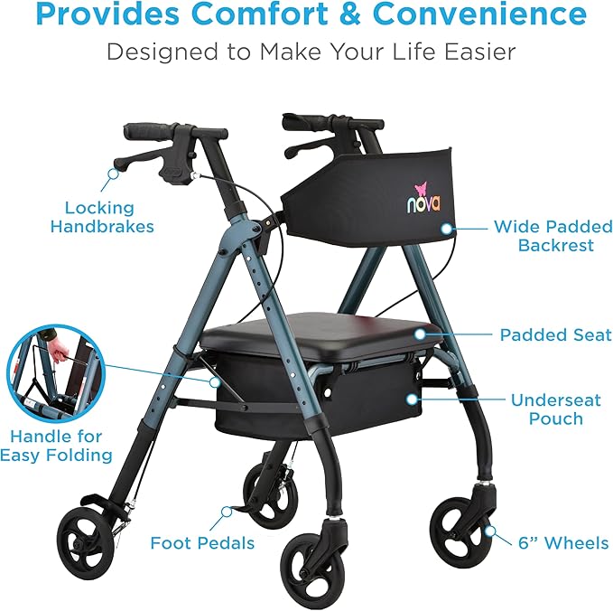 NOVA Star 6 Foldable Rollator Walker for Seniors, Wide Padded Backrest with Seat, 6” All-Terrain Wheels, Easy-Grip Locking Hand Brakes, Height Adjustable, Blue