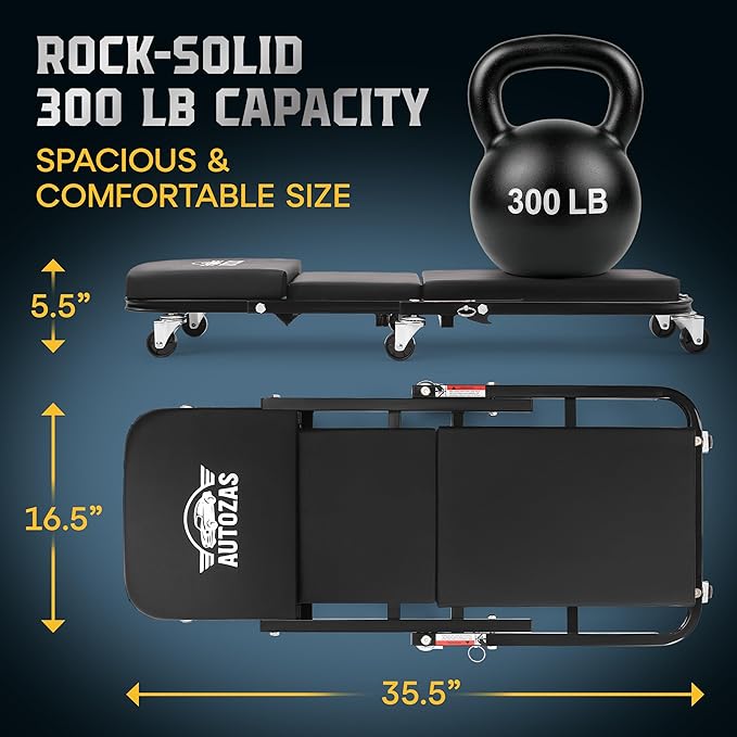Creepers Automotive Mechanic Creeper Seat & Under Car Roller, 300lb Heavy Duty Foldable Garage Creeper with 360° Swivel Wheels, Magnetic Wristband, Low Profile Black Car Creeper for Mechanics