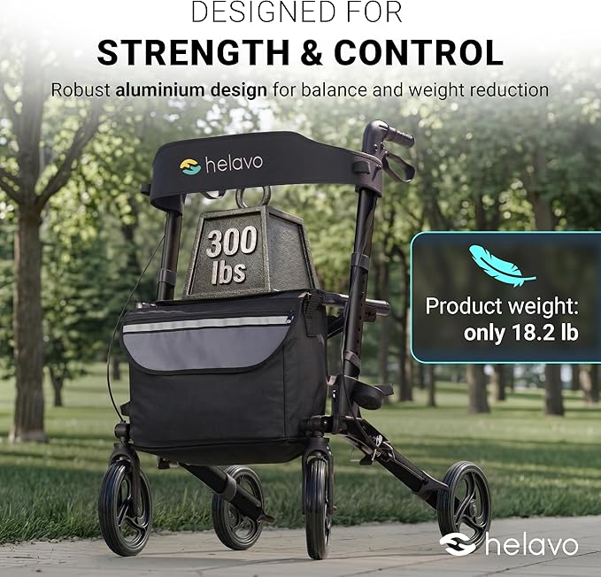 Helavo Foldable Rollator with Seat – 360° Swivel 8" Wheels, 24.8" Wide - Lightweight Aluminum Rolling Walker for Seniors and Adults with Adjustable Height