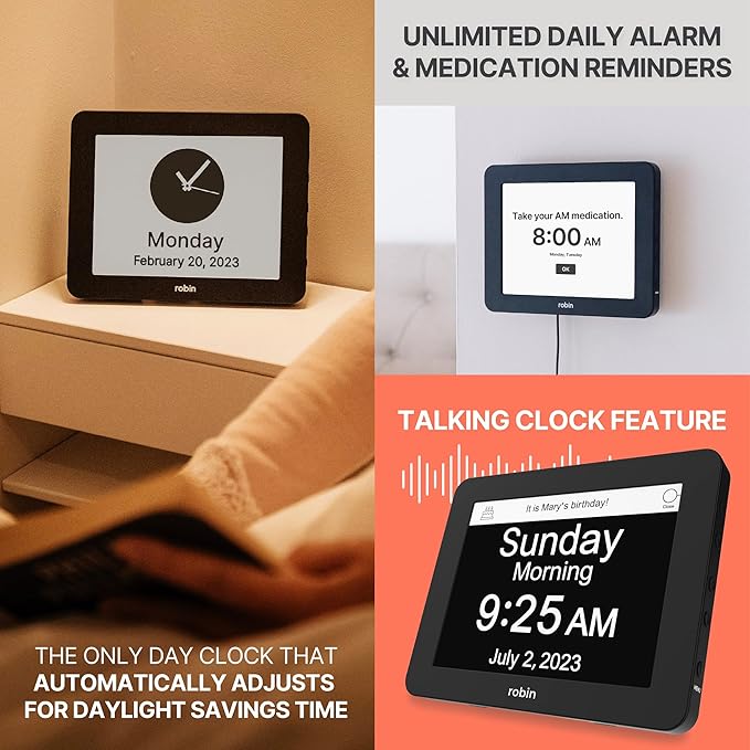 Robin Day Clock 2026 for Seniors, 8" Large Digital Calendar Dementia Clock with Talking Function, Alarms, Easy-to-Read Display for Elderly, Day Date Time, Medication Reminder, DST, Mahogany