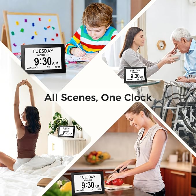 10.1'' Digital Clock With Date And Time, Dementia Clock, Large Display Alarm Clock For Seniors, 10Reminders, 6Alarms, Auto-Dimming, Auto DST, Remote Control, Gifts For People With Dementia, Black