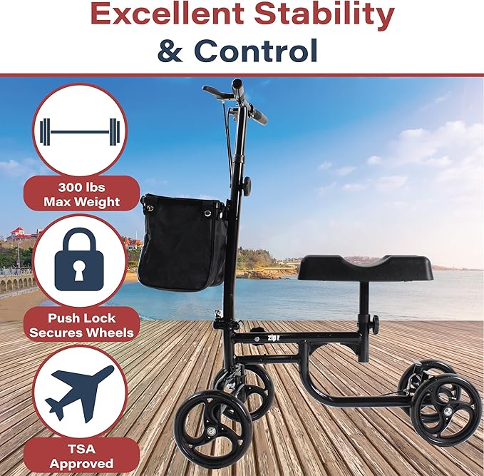 Zipr Coaster Medical Knee Scooter - Portable Knee Roller Scooter - Knee Walker Scooter with Removable Storage Bag - Steerable Knee Scooter Crutch - Ambidextrous Dual Braking Rolling Knee Scooter Cart