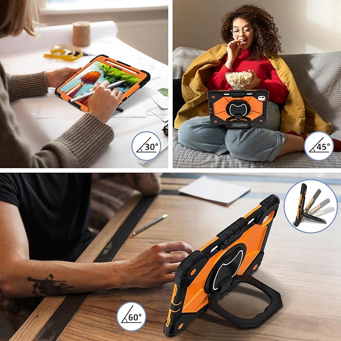 Dteck for iPad Pro 11 inch (M4/M5) 2024/2025 Release Shockproof Case with Shoulder Strap/Pencil Holder/Rotating Kickstand Handle, Heavy-Duty Sturdy Rugged Cover, Protective Tablet Shell, Black Orange