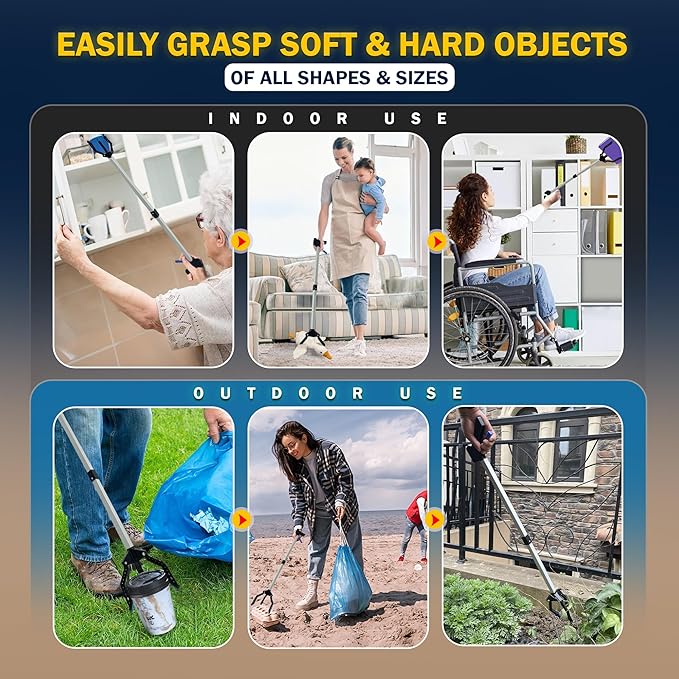 3 Claw Grabber Reacher Tool Heavy Duty, 2025 Updated 32" Lightweight, Foldable, Wide Jaws, Steel Cable, Rubberized Strong Grip Garbage Trash Picker Upper Grabber for Seniors Pick Up Stick Pickup Tool