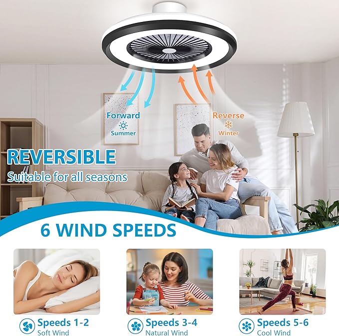 24" Low Profile Ceiling Fan with with Light, Bladeless Ceiling Fan with 3-Dimmable Light, Smart Flush Mount Ceilings Fans Lighting Remote & APP Control, 6 Speeds Timing Reversible, Black