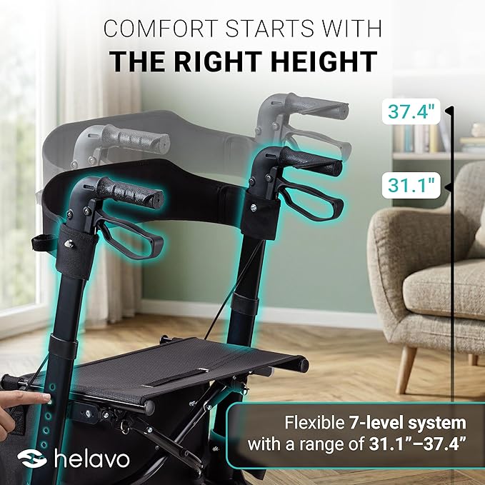 Helavo Foldable Rollator with Seat – 360° Swivel 8" Wheels, 24.8" Wide - Lightweight Aluminum Rolling Walker for Seniors and Adults with Adjustable Height
