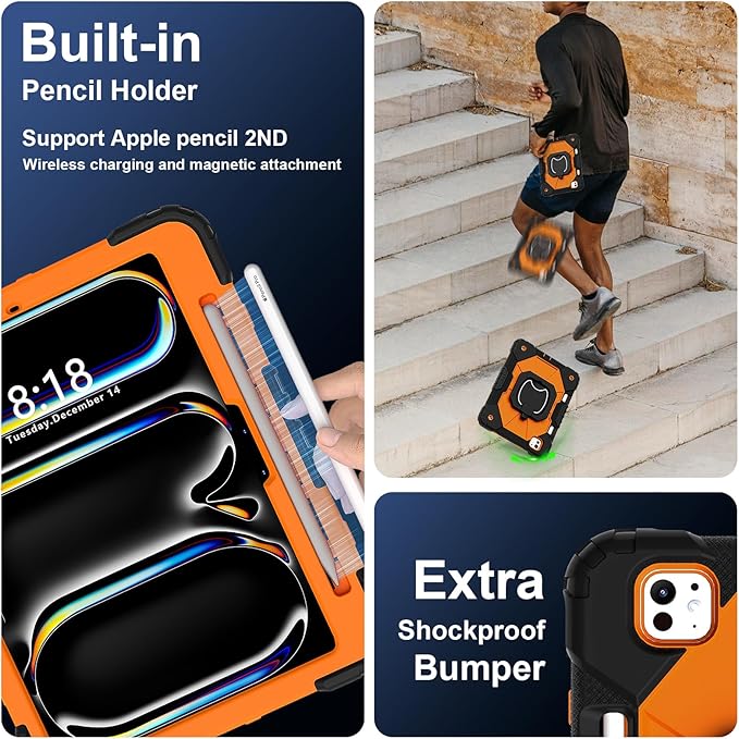 Dteck for iPad Pro 11 inch (M4/M5) 2024/2025 Release Shockproof Case with Shoulder Strap/Pencil Holder/Rotating Kickstand Handle, Heavy-Duty Sturdy Rugged Cover, Protective Tablet Shell, Black Orange