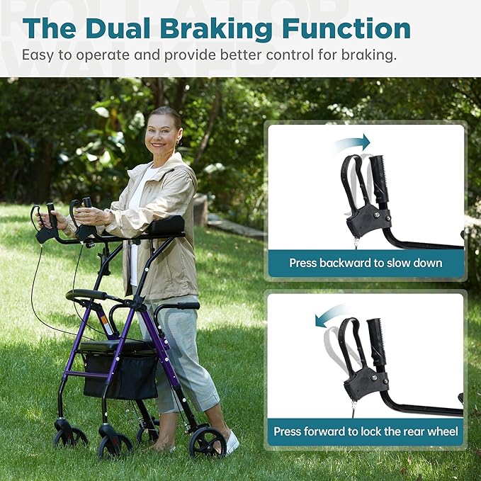 ELENKER Upright Walker, Stand Up Rollator Walker with Padded Seat and Backrest, Compact Folding, Fully Adjustment Frame for Seniors, Purple