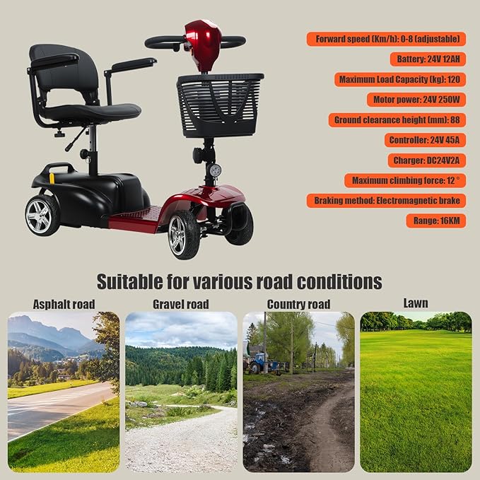 Lightweight Mobility Scooter for Adults & Seniors - with Charger & Basket Travel High-Performance Motor Long Range Power Extended Battery,Portable Motorized Scooters for 16 KM Travel, 300lb Capacity