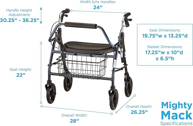 NOVA Mighty Mack Heavy Duty Rollator Walker 500 lb Weight Capacity, Blue
