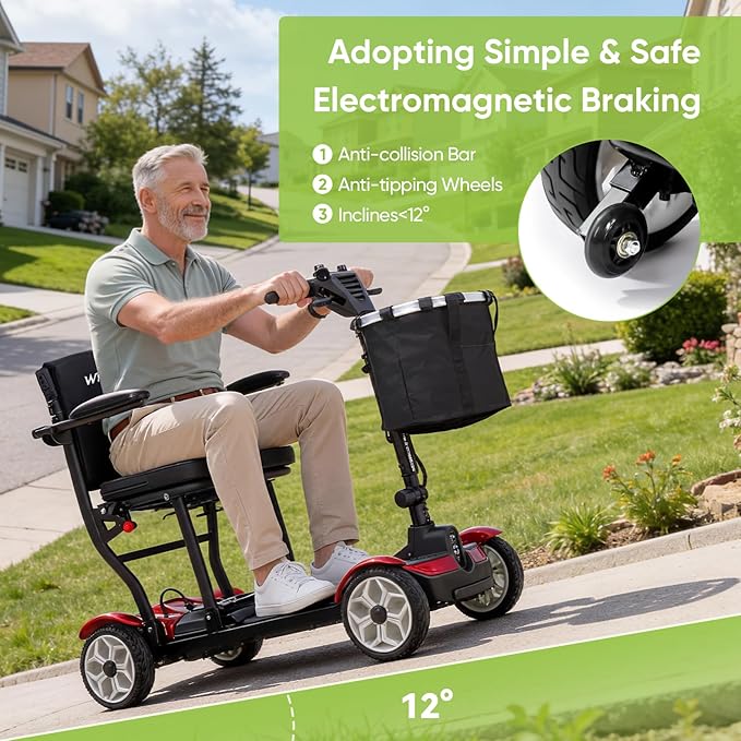 (2026 Upgrade) Lightweight Mobility Scooter for Seniors & Adults, Folding Mobility Scooters, Light Weight 24.8 Miles Trave Foldable 4 Wheeler, Removable Lithium Battery, 300lb Capacity-Gloss Red