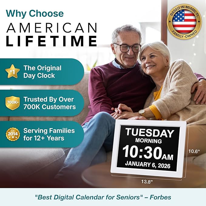American Lifetime Dementia Clock - Large Digital Clock for Seniors, Custom Alarms, Day & Date Display, White, 15 Inches