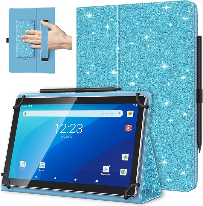 TiMOVO Universal Case for 10.1 Inch Android Tablet with Pen Loop, Lightweight Folding Stand Cover with Hand Strap for All 9.6"-11" Touchscreen Tablet, Glitter Sky Blue