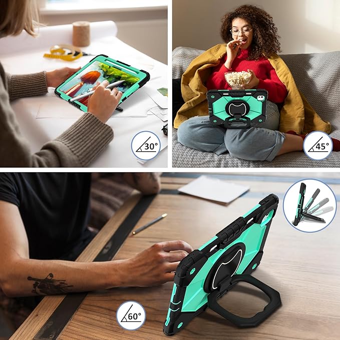 Dteck for iPad Pro 11 inch (M4/M5) 2024/2025 Release Shockproof Case with Shoulder Strap/Pencil Holder/Rotating Kickstand Handle, Heavy-Duty Sturdy Rugged Cover, Protective Tablet Shell, Black Mint
