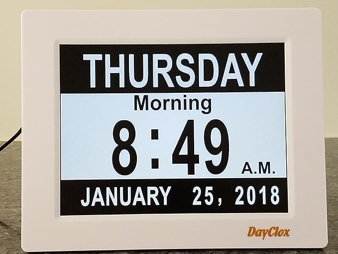 DayClox Memory Loss Digital Calendar 5-Cycle Clock with Red White & Blue or Black & White Section Display