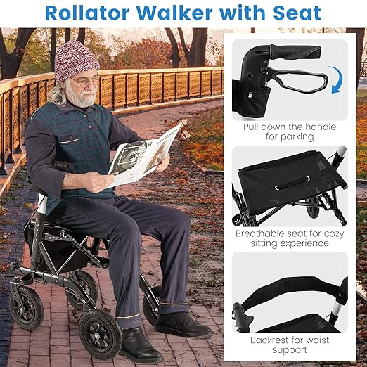 GOFLAME All-Terrain Rollator Walker w/Pneumatic Tires, Foldable Outdoor Walkers w/Seat, Backrest, 32"-37" Adjustable Height & Storage Bag, Lightweight Aluminum Walker for Seniors & Adults, Black