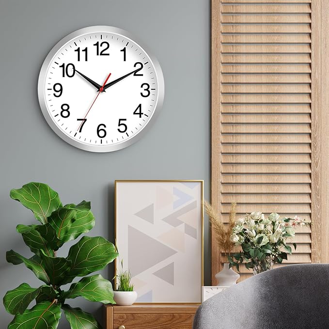 Rohioue 12 Inch Wall Clock Modern Battery Operated Silent Non Ticking Analog Clock Decorative for Bedroom Kitchen Bathroom Office Home Living Room (Silver)