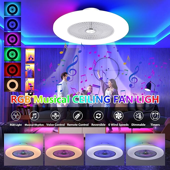 24" Bladeless Ceiling Fan with RGB Ambient Light, Low Profile Flush Mount Fan with APP/Remote/Alexa Control, 6-Speed Quiet, Dimmable Color Changing LED, White