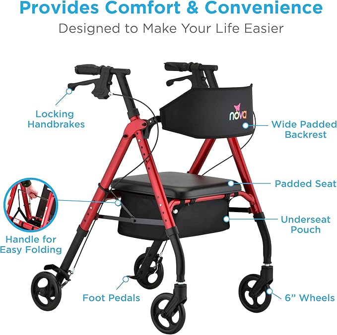 NOVA Star 6 Foldable Rollator Walker for Seniors, Wide Padded Backrest with Seat, 6” All-Terrain Wheels, Easy-Grip Locking Hand Brakes, Height Adjustable, Red
