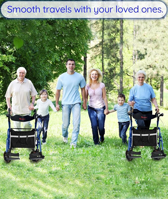 2 in 1 All Terrain Compact Travel Rolling Walker with Ergonomic Seat & Brakes - Lightweight Foldable Rollator for Seniors & Adults - Adjustable Height & Detachable Footrest Included (Blue)