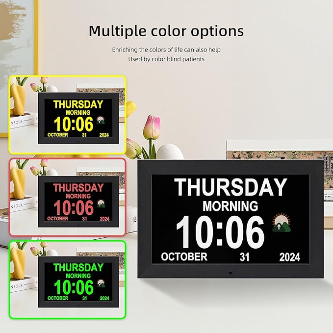 Digital Alarm Clock, Multiple Alarm Functions, Clock with Date and Week, Digital Alarm and Electronic Calendar for Seniors (White, 7 inch) (10-inch Black)