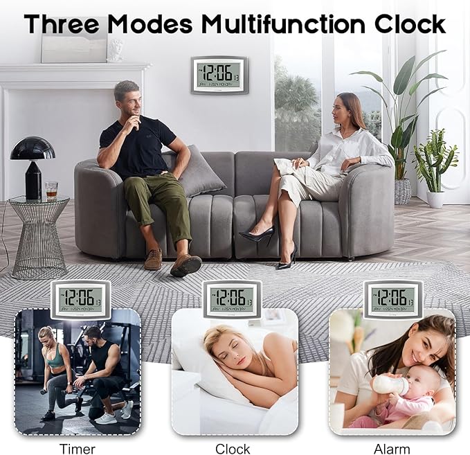Auto Set Digital Wall Clock Battery Operated,12.5 Inch Large Display Digital Alarm Clock with Day, Date,Battery Operated Wall Clocks or Desk Alarm Clock for Bedroom, Livingroom, Office