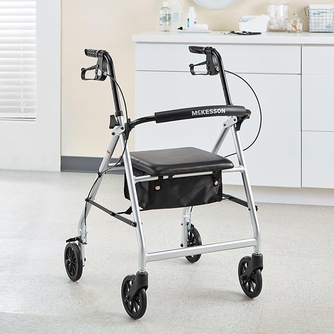 McKesson Rollator Walker with Seat and Wheels, Lightweight, Aluminum, 300 lbs Weight Capacity, Silver, 1 Count
